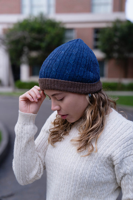 HAT "MILA" BLUE AND BROWN - 100% BABY ALPACA