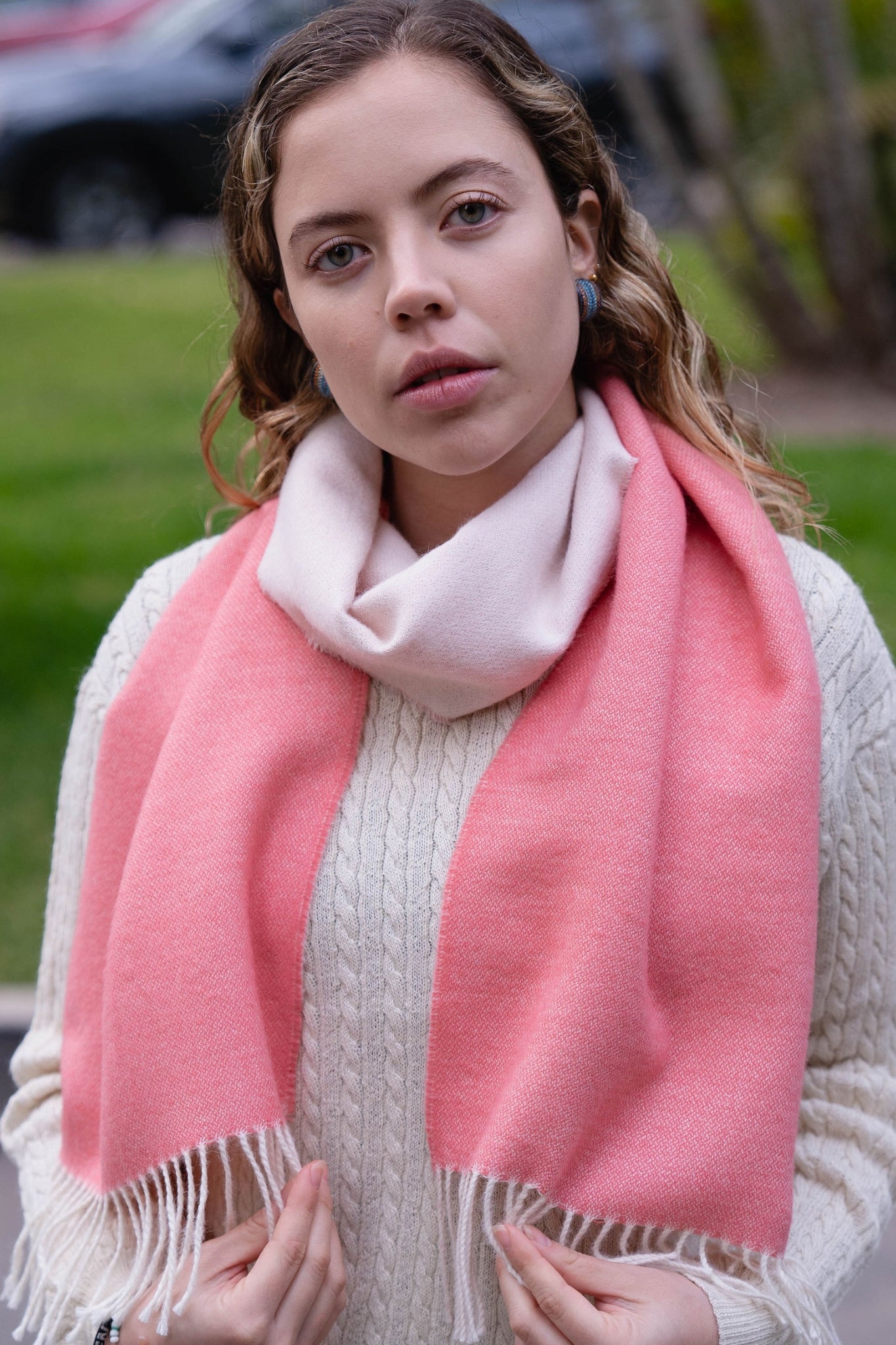 SCARF WHITE & CORAL - 100% BABY ALPACA